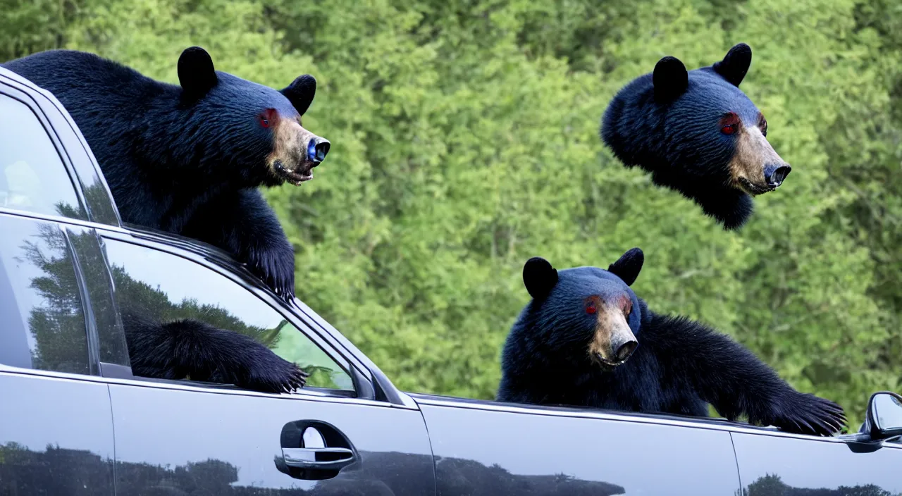 Image similar to a black bear sticks its head out the window