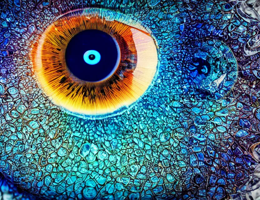 Prompt: macro photo of a eye with big blue and colorful fractal iris , black renica, glass sphere ,symmetric ,detailed, photorealistic , unreal engine , macro photography ,flower