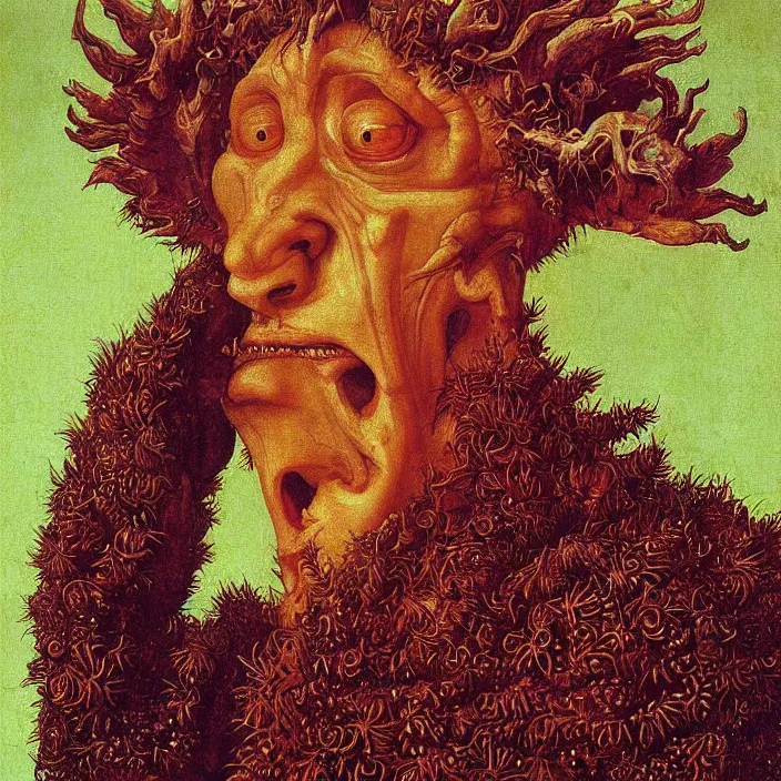 Prompt: close up portrait of a mutant monster creature with iris flower eyes, large thorny tongue, fractal long ears, cloak. jan van eyck, audubon