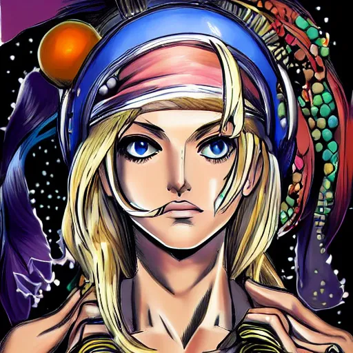 Image similar to blonde girl , JoJo cover art, style of Steel Ball Run cover art, style of JoJolion cover art, illustrated by Hirohiko Araki