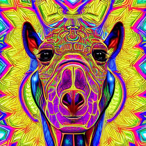 Image similar to a symmetrical neon vaporwave portrait illustration of a giraffe in geometric kaleidoscopic colors trending on artstation 4 k intricate extremely detailed digital art by alex grey