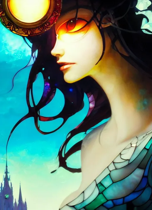 Prompt: close up picture of a beautiful and cute and aesthetic girl in the city made of stained glass, model pose, slightly smiling, bright color, sun shining through, sharp focus, highly detailed face, specular reflection, art by anato finnstark and lecouffe deharme and pete mohrbacher and quentin mabille, fantasy illustration, epic light novel art cover