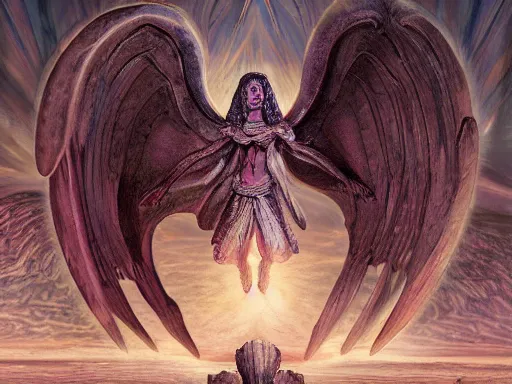 Prompt: sancc female priestly sphinx of alshura that has wings and sphinx long hair, evil and corrupt, original art prompt, detailed digital illustration for mtg. dnd fantasy epic illustration by seb mckinnon, details by wayne barlowe. background by john constable, wide masterpiece, 8 k, beautiful lighting