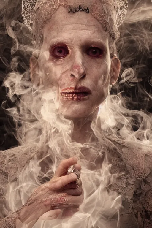 Image similar to 3 5 mm colour, emma, evil princess, hyperrealism, octane render, weird, odd, strange, creepy, extremely detailed, intricate smoke magic, lace, silk, style of david cronenberg, hyung tae, frank frazetta