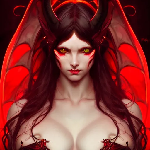 Prompt: Portrait of succubus girl, D&D, red eyes, face, fantasy, intricate, elegant, highly detailed, digital painting, artstation, concept art, smooth, sharp focus, illustration, art by artgerm and greg rutkowski and alphonse mucha