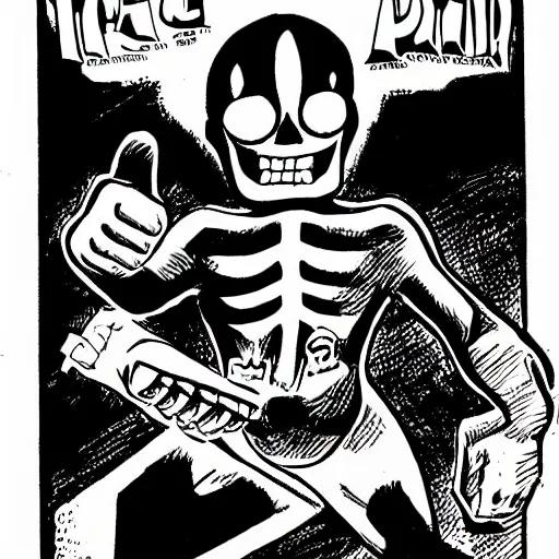 Prompt: a black and white detailed comic cartoon drawing in the style of jack kirby, joe kubert, alex toth, of the skeleton of death giving a thumbs up and smiling, trending on artstation, 4 k