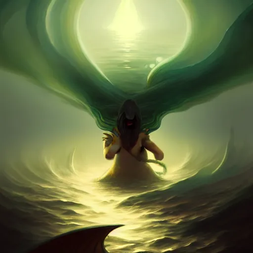 Prompt: in the style of Steve Niles, Peter Mohrbacher and artgerm, Chtulhu rising from the water,, Lovecraftian, ocean, night, storm, lighting, terror, horror