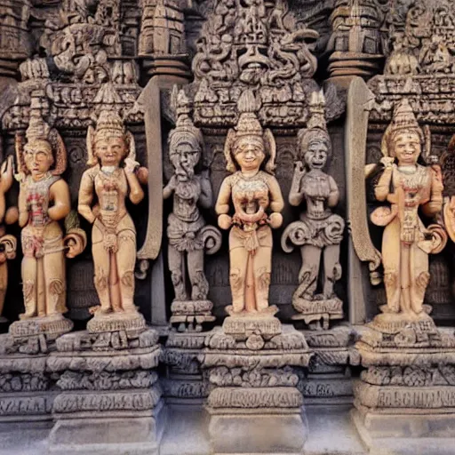 Image similar to hindu gods and goddesses posing together, carved in a temple