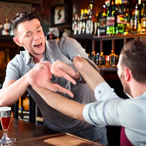 Prompt: 90mm color photo of a man slapping another man at the local pub