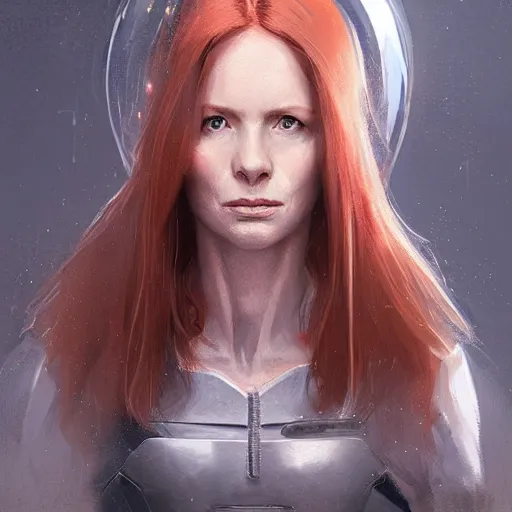 Image similar to Portrait of a woman by Greg Rutkowski, she is about 50 years old, redhead, long straight hair, beautiful oval face, wearing a futuristic tactical gear, older sister vibes, sad and resigned expression, highly detailed portrait, digital painting, artstation, concept art, smooth, sharp foccus ilustration, Artstation HQ.