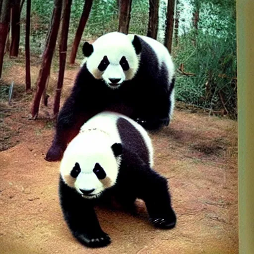 Prompt: polaroid photo of A panda scaring childrens, award winning