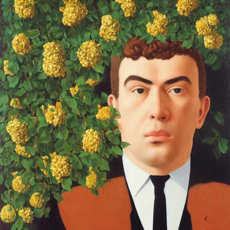 Image similar to portrait of man in a suit, his head is flowers, by rene magritte, detailed painting, hd, hq, high resolution, high detail, 4 k, 8 k