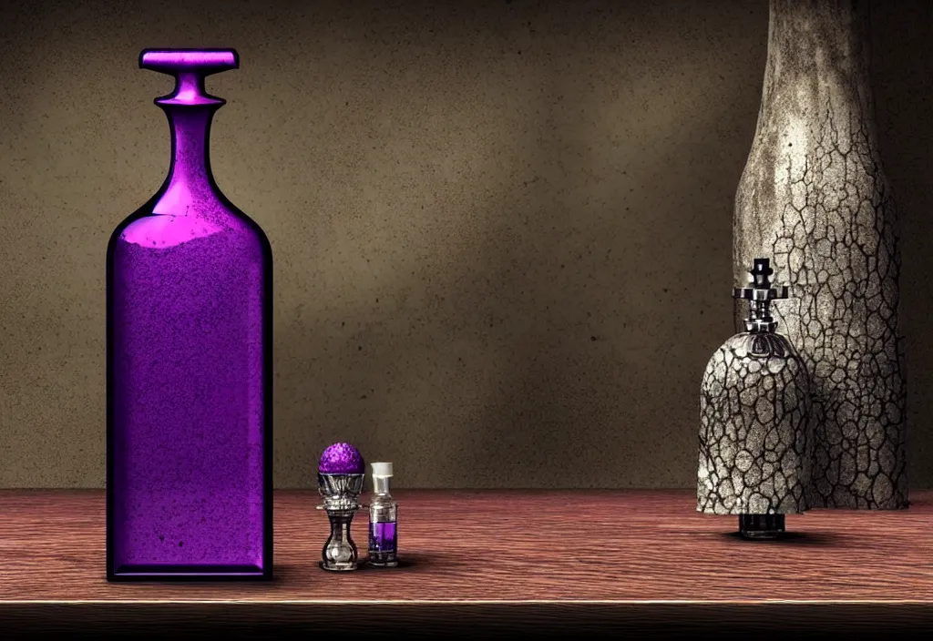 Prompt: hyper realistic and higly detailed deadly poison bottle, purple liquid inside on a design medieval wood table. the bottle is designed like a trendy perfume bottle. background is a laboratory complex architecture mossy stone pilars. professional digital art, dnd style, ultra detailed, trending on artstation, concept art, octane render, unreal engine 5, 8 k rendering.