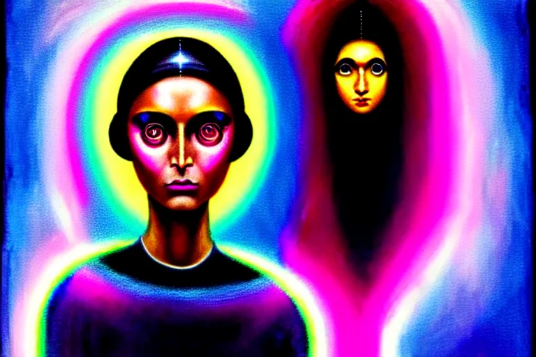 Image similar to patron saint of 🛸🌈👩🏾, futuristic iridescent clothing, wormhole, nebula, black hole, multiverse, neon god of city character portrait, in the style of margaret keane, moebius, tom bagshaw, and waterhouse, cinematic lighting, beautiful, elegant, oil painting,