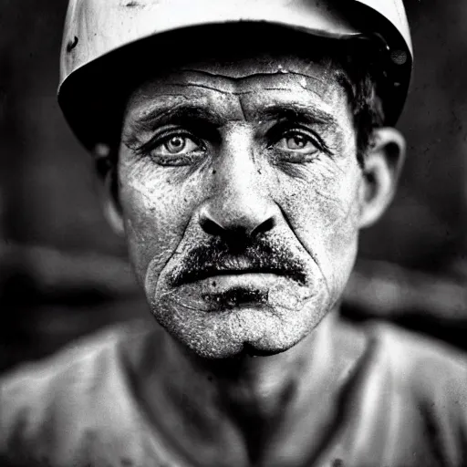 Prompt: portrait of coal mine worker by Diane Arbus, 50mm, bokeh