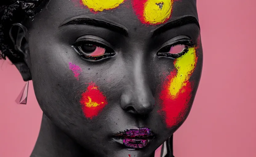 Image similar to close up portrait of extremely beautiful female black marble statue in the style of virgil abloh, colorful motocross logos behind her, sharp focus, clear, detailed,, cinematic, detailed, off white, glamourous, symmetrical, vogue, editorial, fashion, magazine shoot, glossy