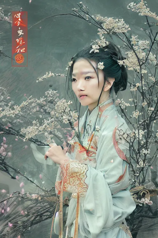 Image similar to portrait wuxia sword dance Girl, Chinese costume, in forbidden City Rainning, flowers sea everywhere, ssci-fi, fantasy, intricate, very very beautiful, elegant, highly detailed, digital painting, artstation, concept art, smooth, sharp focus, illustration, art by tian zi and WLOP and alphonse mucha