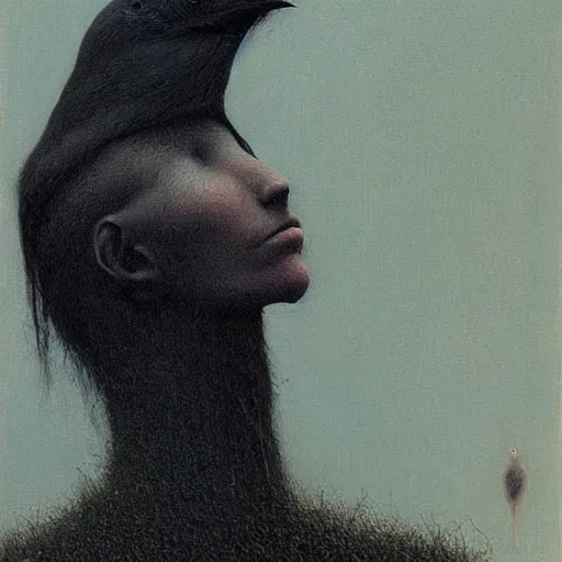 Prompt: young teen female with head of raven, painting by Beksinski
