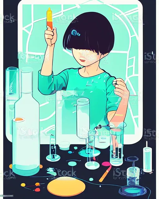 Image similar to a little girl in science lab experiment test tube microscope map. clean cel shaded vector art. minimalist illustration art by lois van baarle, artgerm, helen huang by makoto shinkai and ilya kuvshinov, rossdraws