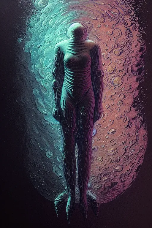 Image similar to close up shot of a full body floating astronaut portrait water elemental fading into water, high contrast, james gurney, peter mohrbacher, mike mignola, black paper, mandelbulb fractal, trending on artstation, exquisite detail perfect, large brush strokes, bold colors, intricate ink illustration, black background