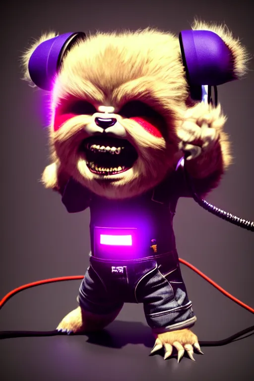 Prompt: high quality 3 d render neo - cyberpunk very cute fluffy! screaming chucky doll!! cyborg with headphones, mechanical paw, highly detailed, unreal engine cinematic smooth, in the style of detective pikachu, hannah yata charlie immer, neon purple light, low angle, uhd 8 k, sharp focus