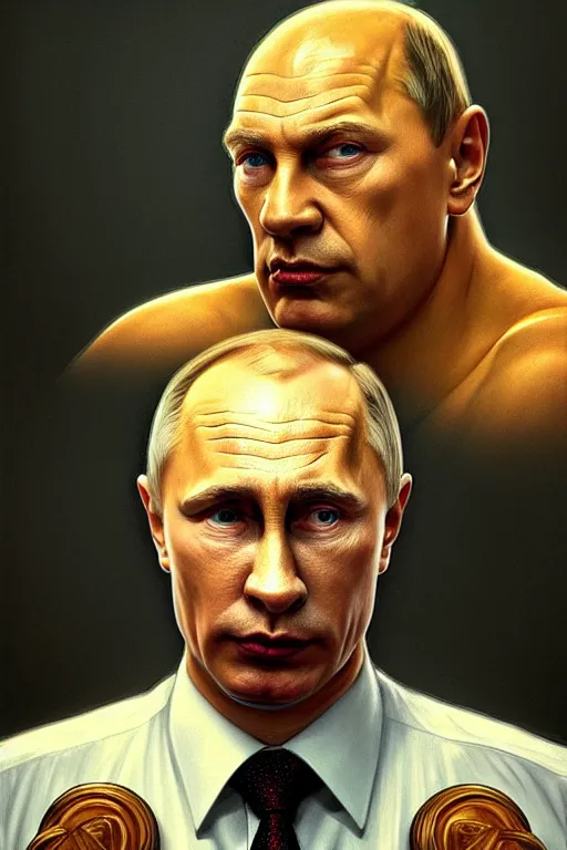 Image similar to vladimir putin as homer simpson, realistic portrait, symmetrical, highly detailed, digital painting, artstation, concept art, smooth, sharp focus, illustration, cinematic lighting, art by artgerm and greg rutkowski and alphonse mucha