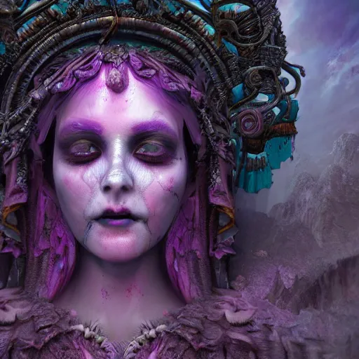 Image similar to a beautiful detailed 3d matte painting of female goddess of the dead, ominous, magical realism, texture, intricate, purple torn fabric, radiant colors, fantasy, trending on artstation, volumetric lighting, micro details, 3d sculpture, ray tracing