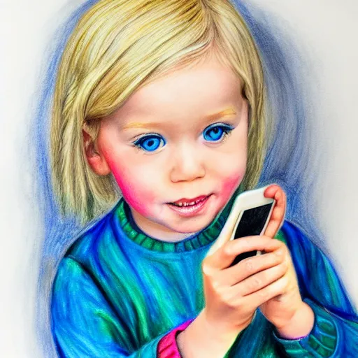 Prompt: 3 year old blonde girl with iphone, colored pencil on white background by eloise wilkin