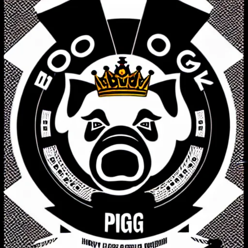 Prompt: good pig king logo Illustrated by Shepard Fairey, H.R. Geiger, black and white, high contrast, high detailed sharp outlines, hyper realistic, vector art
