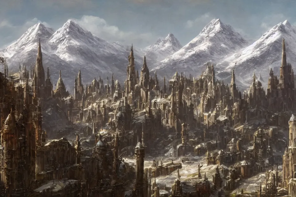 Prompt: the garlean empire, industrial citadel of black domes and spires, snow capped mountains