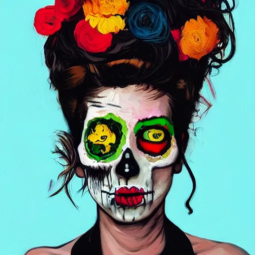 Prompt: a portrait of a girl skull face, amy winehouse, in the style of banksy, van gogh, atey ghailan and steve mccurry, vibrant colors and hard shadows and strong rim light, lucien freud, comic cover art, trending on artstation