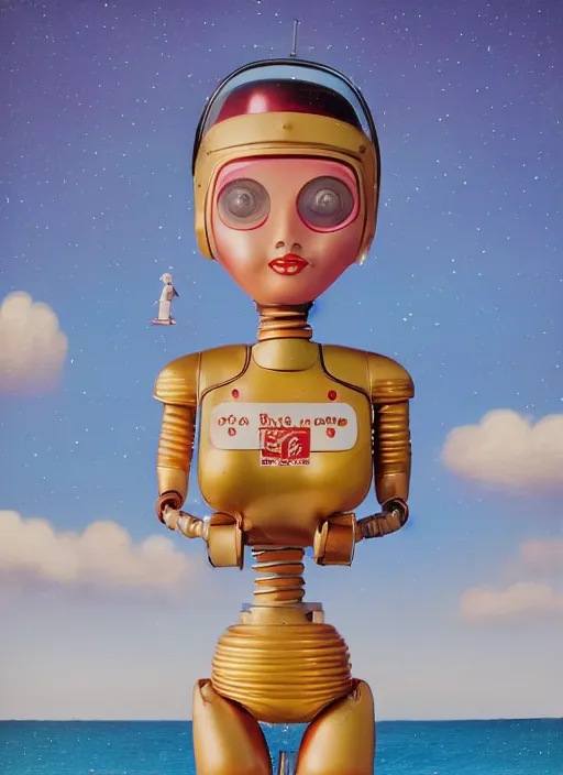 Image similar to portrait of a retro 1 9 5 0 s tin toy robot spacegirl wearing a bikini, depth of field, zeiss lens, detailed, symmetrical, centered, fashion photoshoot, by nicoletta ceccoli, mark ryden, lostfish, breathtaking, 8 k resolution, extremely detailed, beautiful, establishing shot, artistic, hyperrealistic, octane render