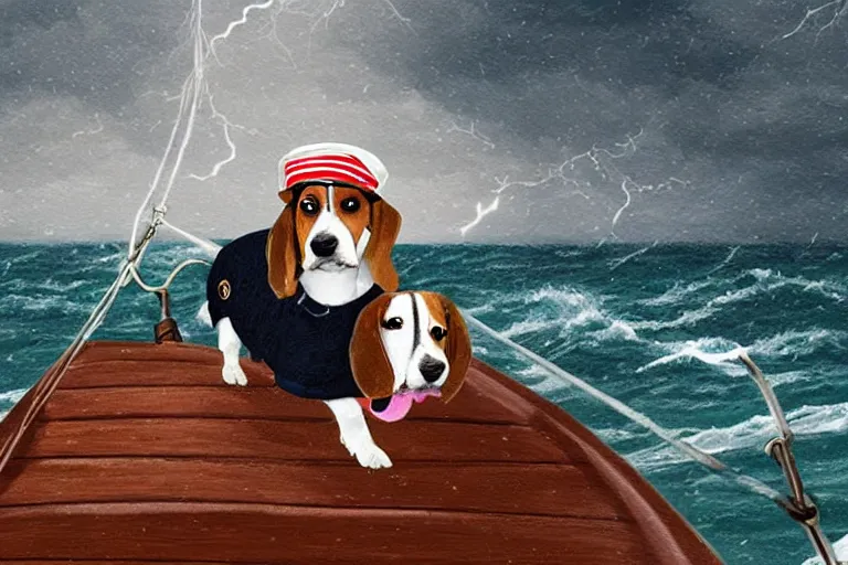 Prompt: a beagle with a captain hat on a sailing boat in a storm