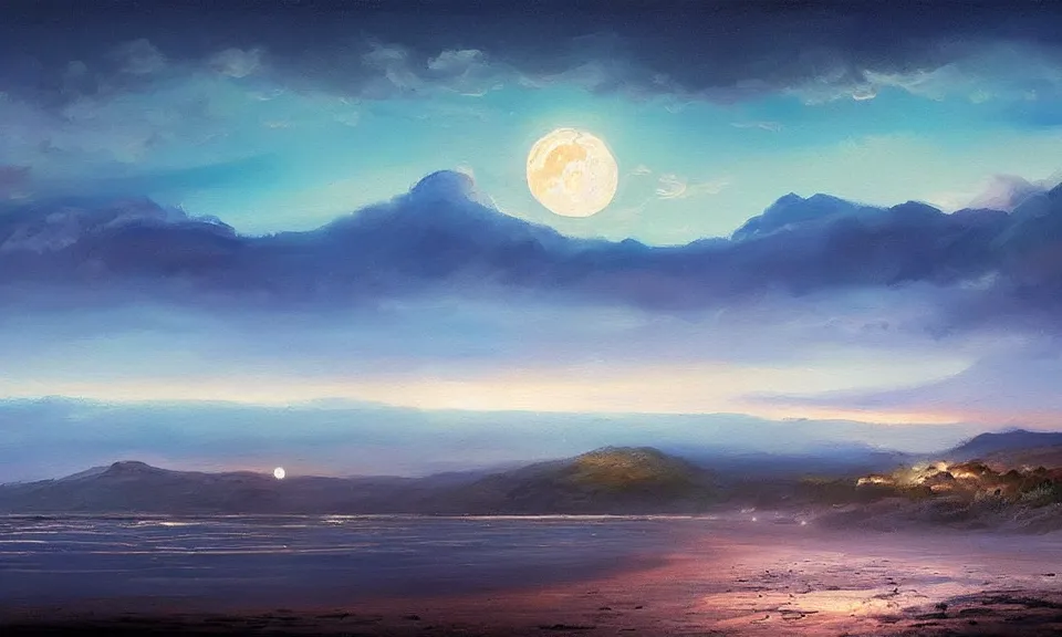 Image similar to the most beautiful panoramic landscape, oil painting, a beach at night lit by the moon, mountains in the distance, clouds, foggy, cinematic lighting, highly detailed, very realistic