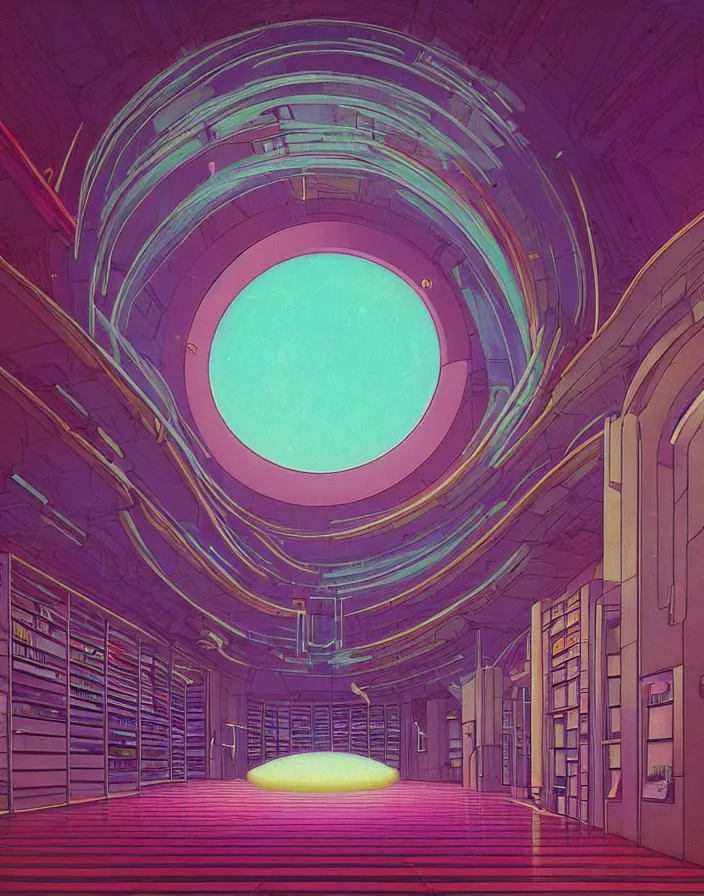 Prompt: 90s library interior with organic circular windows, figures, soft neon lights, bright colors, cinematic, cyberpunk, smooth, chrome, lofi, nebula, calming, dramatic, fantasy, by Moebius, by zdzisław beksiński, fantasy LUT, studio ghibli, high contrast, epic composition, sci-fi, dreamlike, surreal, angelic, 8k, unreal engine, hyper realistic, fantasy concept art, XF IQ4, 150MP, 50mm, F1.4, ISO 200, 1/160s, natural light, Adobe Lightroom, photolab, Affinity Photo, PhotoDirector 365,