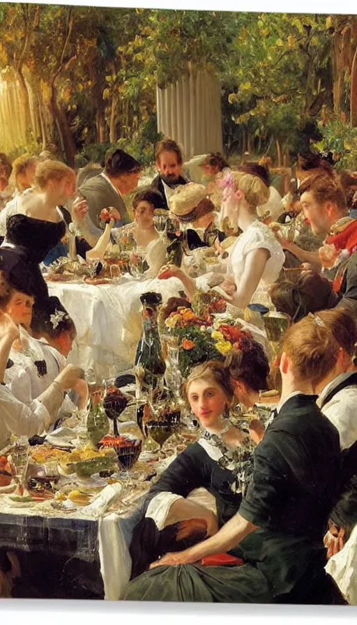 Prompt: still life painting of no-gravity midsummer party, by Peder Krøyer, golden hour, dramatic lighting, epic, gargantuan, intricate detail, canvas print