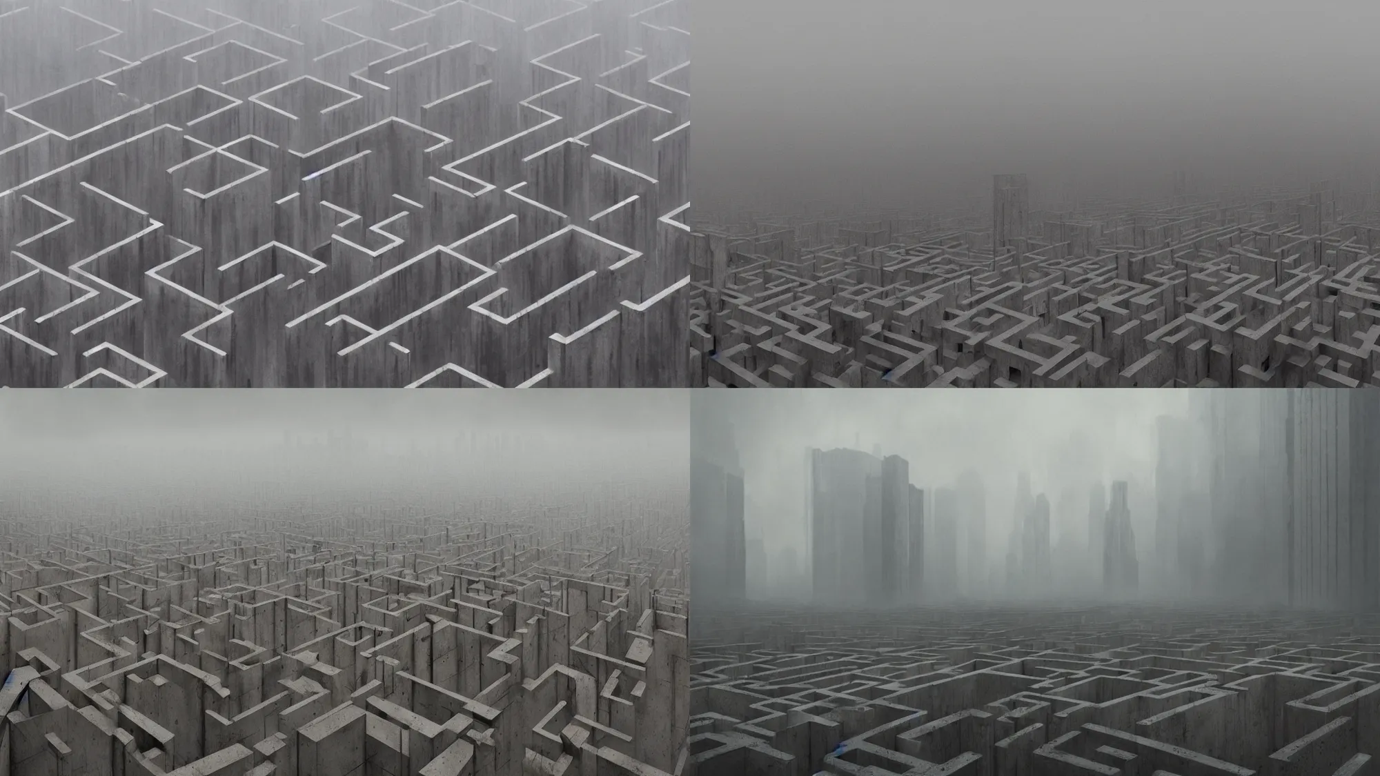 Prompt: a giant dystopian maze of concrete seen from the ground, huge walls stretching into the grey sky, fog, 4 k, trending on artstation, award - winning, art by greg rutkowski