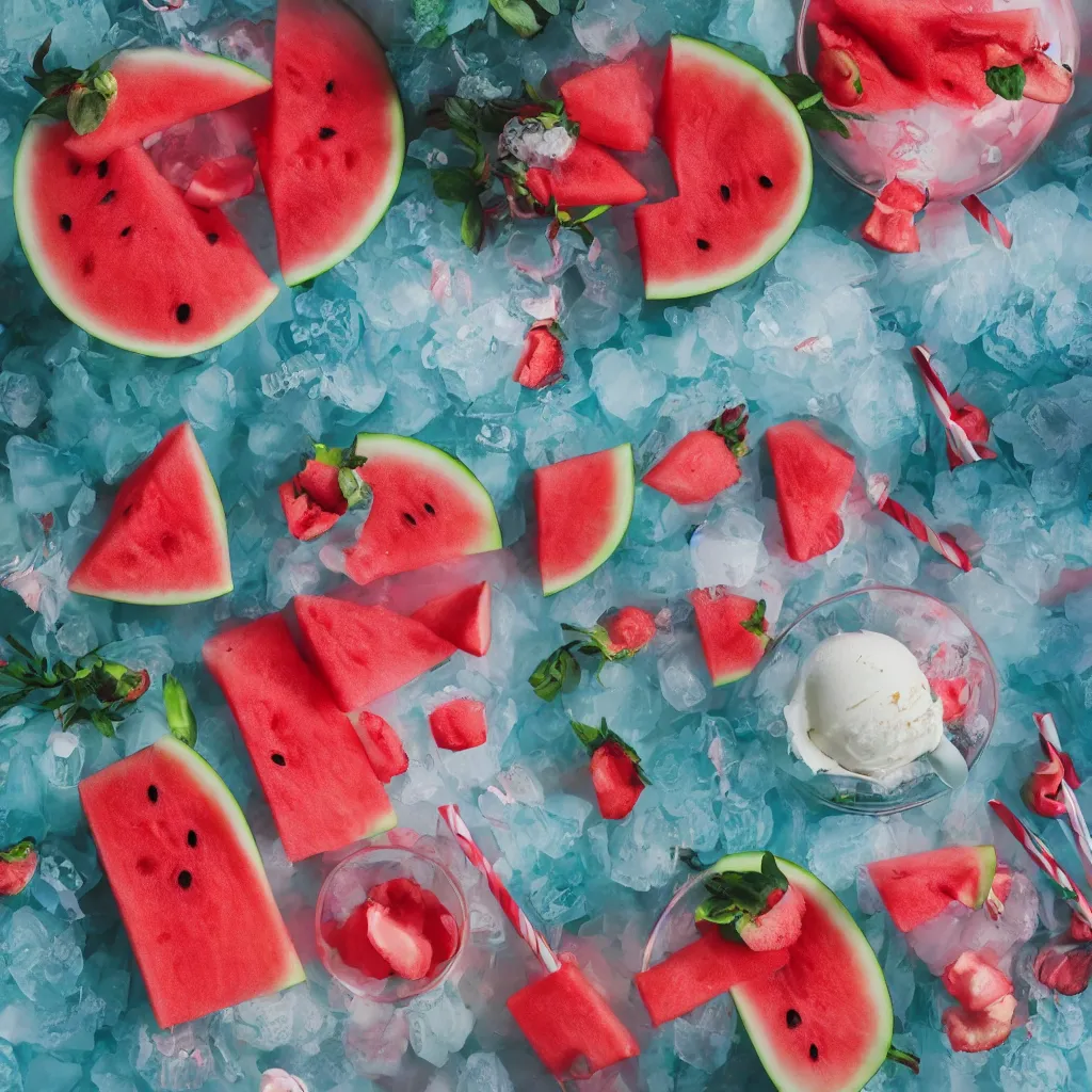 Prompt: watermelon cold drink, ice cream, strawberry embellishment, books and flowers, trending on studio ghibli, dreamy, soft, global illumination, radiant light, intricate environment, luminescence, highly detailed, 8 k