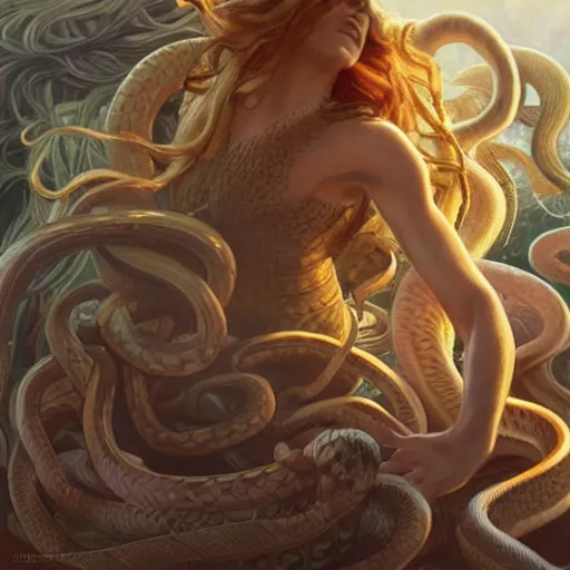 Prompt: male medusa, highly detailed, digital painting, snakes, artstation, concept art, smooth, sharp focus, illustration, art by artgerm and greg rutkowski and alphonse mucha