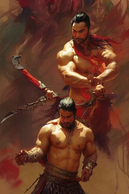 Image similar to wuxia, attractive beefy man, character design, colorful, painting by gaston bussiere, craig mullins, greg rutkowski, j. c. leyendecker