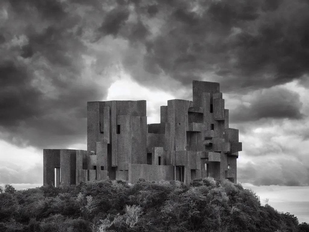 Prompt: photo of a brutalist cathedral built over a hill, in the middle of a storm. realistic clouds that resemble levitating large rocks. impressive, magical, very atmospheric, cinematic, deep, very high complexity, stunning, dramatic masterpiece, iridescent, chiaroscuro, romantic, very detailed. 4 k