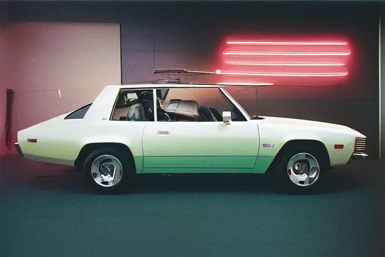 Image similar to studio photoshoot designed by giorgetto giugiaro of a single 1 9 7 3 land cruiser chevelle, thick neon lights, ektachrome photograph, volumetric lighting, f 8 aperture, cinematic eastman 5 3 8 4 film