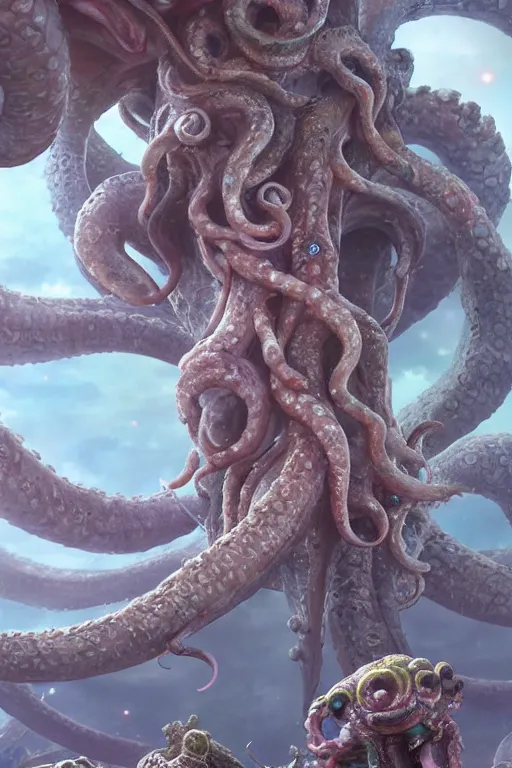 Image similar to giant ancient alien tentacles artwork by yoshitaka amano, pastel colors, detailed background, extremely detailed, octane rendering, sharp focus, volumetric light, particles, unreal engine 5, rtx