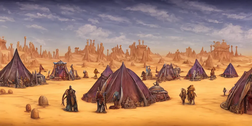 Prompt: colored merchant tents at a sprawling temple city of chrome, white salt desert dunes, matte oil painting, humanoid anthropomorphic camel people, retrofuturistic, science fantasy, mutant, lgbt, queer, rpg, epic, badlands, slime, sentient plants, dungeons & dragons, sacred, sharp focus, award - winning, extremely detailed, 4 k, 8 k
