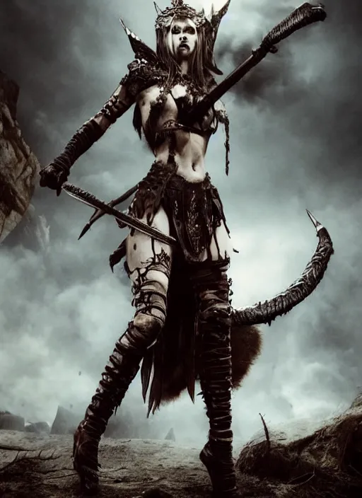 Prompt: movie frame with polish warrior princess fights barbarians, vertical composition, inspired by monster hunter and dark fantasy and fashion, beautiful body, clean brutal blooded symmetrical face, brutal bloody sluty make up, epic,dramatic lighting, cinematic, establishing shot, extremely high detail, photorealistic, brutal, provocative , cinematic lighting, artstation, octane render, dark fantasy ,old photo, vintage, black and white, Boris vallejo, sepia, old photography, documentary photography