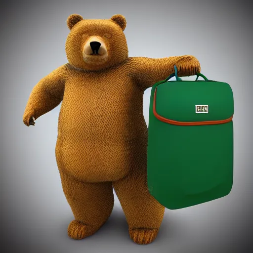 Prompt: big realistic bear standing on two legs, wearing huge green bag, cubic square backpack, photo realistic, high detail, smooth