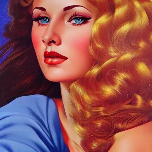 Prompt: woman, long hair, ultra detailed, by greg hildebrandt fancy oil painting high quality clothed in pin up style