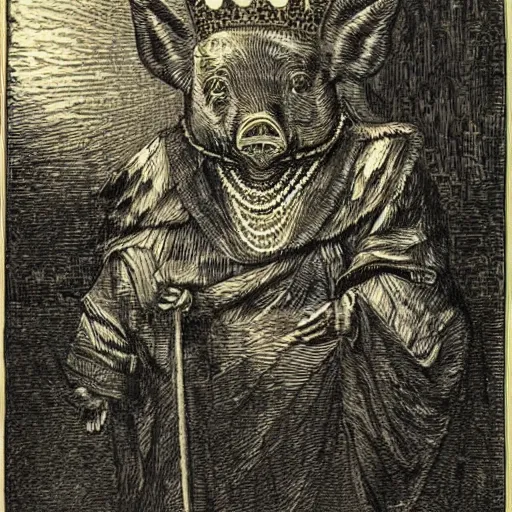 Prompt: a detailed woodcut of a pig in a gold crown by Gustave Doré