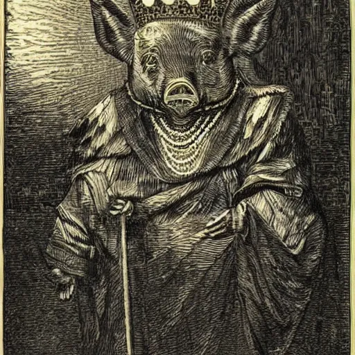 Image similar to a detailed woodcut of a pig in a gold crown by Gustave Doré