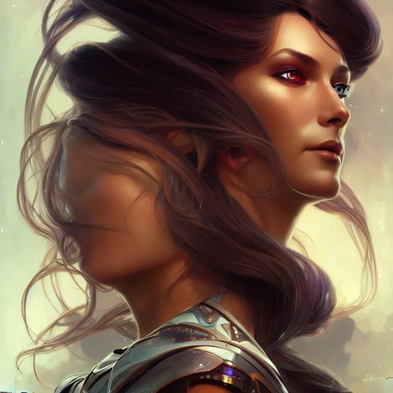 Image similar to futuristic woman portrait, sci-fi, amber eyes, face, long hair, fantasy, intricate, elegant, highly detailed, digital painting, artstation, concept art, smooth, sharp focus, illustration, art by artgerm and greg rutkowski and alphonse mucha